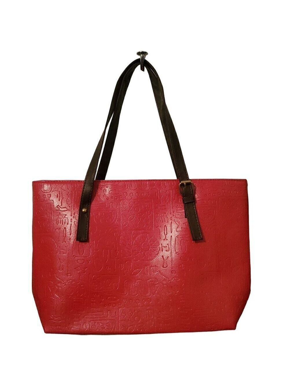 Pink Embossed Large Tote Bag With Faux Leather Brown Straps Gold Hardware